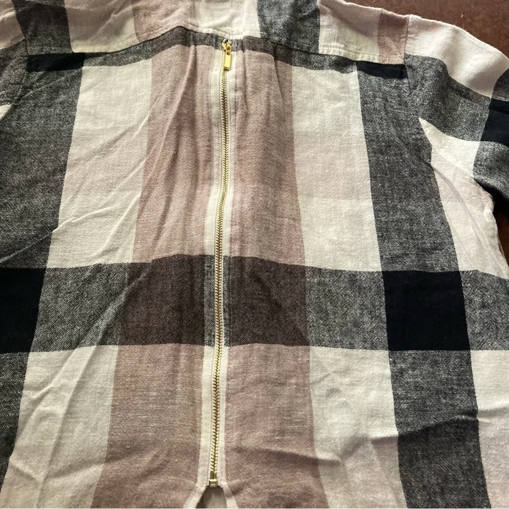 Soft Surroundings carreaux plaid ivory black zipper back shirt linen blend - Picture 6 of 7